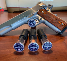 Load image into Gallery viewer, 3-Pack Pistol Display Stand Handgun Stand Clear Acrylic Rubber Tipped - Right to Bear Arms Flag Domed Decal…