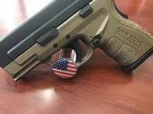 Load image into Gallery viewer, Pistol Display Stand Handgun Stand Clear Acrylic Rubber Tipped - American Flag Domed Decal…