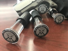 Load image into Gallery viewer, 3-Pack Pistol Display Stand Handgun Stand Clear Acrylic Rubber Tipped - 2nd Amendment/Homeland Security Domed Decal…