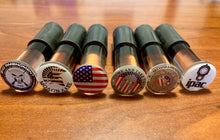 Load image into Gallery viewer, 3-Pack Pistol Display Stand Handgun Stand Clear Acrylic Rubber Tipped - American Flag Domed Decal…